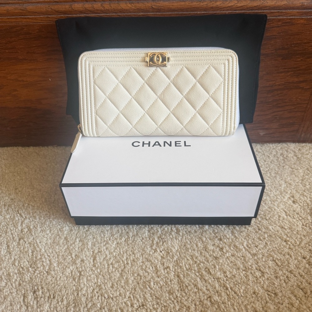 Chanel Boy Zip Long Wallet in Ivory with Gold Hardware